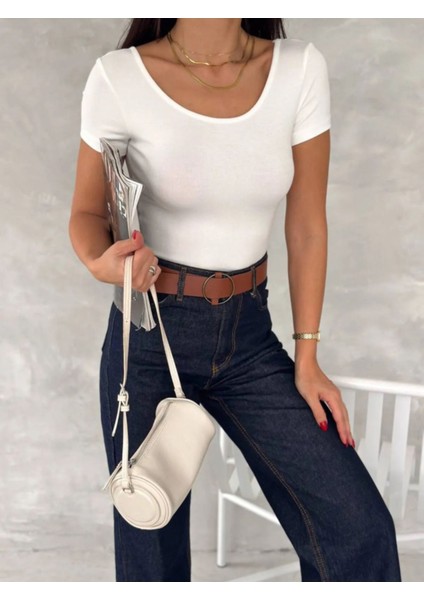 Kadın Ön Arka U Yaka Sırt Dekolteli Kısa Kollu Soft Touch Premium Doku Basic Düz Bluz ML4407-2