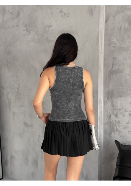 Kadın Kolsuz Kalın Askılı Geniş Yaka Kol ve Yaka Nakış Detaylı Kaşkorse Şık Bluz SM3210 indirimleri