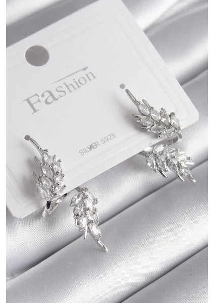 Bfs Pirinç Gümüş Renk Zirkon Taşlı Yaprak Model Kadın Küpe