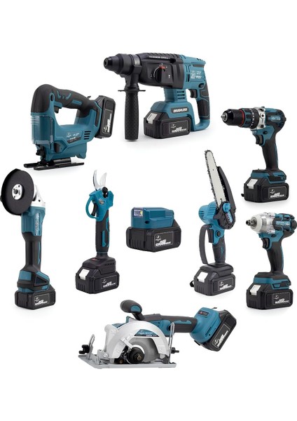 Ürün Videosunu Izle Chelikbei EEA388 Akülü 9 Lu Set (Power Bank & LED + Kırıcı Delici Matkap + Avuç Taşlama + Somun Sıkma + Vidalama + Sunta Kesme + Dekupaj + Budama Testeresi + Budama Makası)