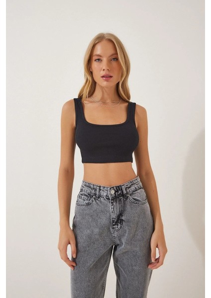Kadın Siyah Ön Arka U Yaka Askılı Kaşkorse Crop Bluz BLZ2023-1 fiyatları