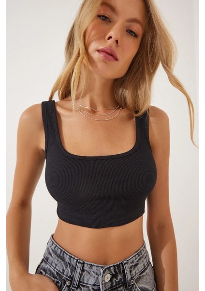 Kadın Siyah Ön Arka U Yaka Askılı Kaşkorse Crop Bluz BLZ2023-1 modelleri