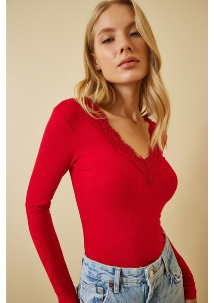 Kadın Kırmızı Uzun Kollu Dantel Detaylı Ön Arka V Yaka Kaşkorse Bluz BLZ2022