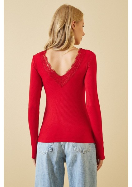 Kadın Kırmızı Uzun Kollu Dantel Detaylı Ön Arka V Yaka Kaşkorse Bluz BLZ2022 fiyatları