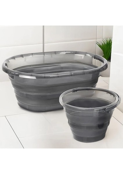 2'li Set Katlanabilir Çamaşır Sepeti Katlanabilir Akordiyon Su Kovası Temizlik Seti - Platin Serisi