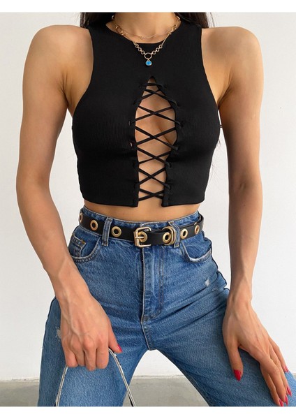 Kadın Siyah Bisiklet Yaka Göğüs Dekolteli Kaşkorse Crop Bluz BLZ4421 modelleri