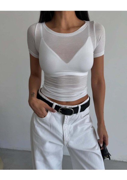 Kadın Kayık Yaka Kısa Kollu Transparan Soft Touch Yumuşak Doku Düz Basic Crop Bluz BLZ5579 fiyatları