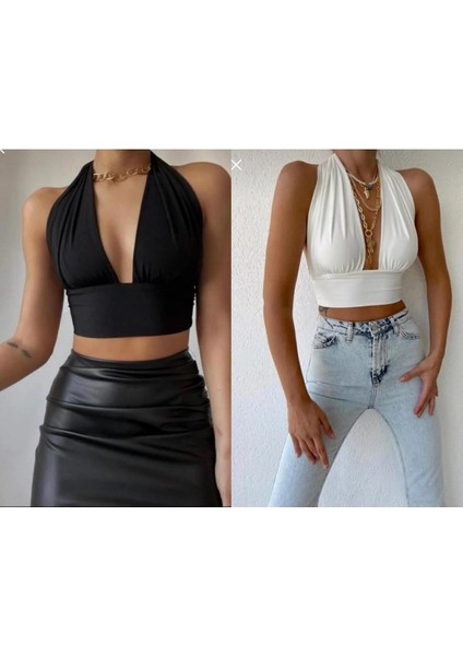 Kadın V Yaka Sırt Dekolteli Boyundan Bağlamalı Sandy Crop 2'li Bluz BLZ6225