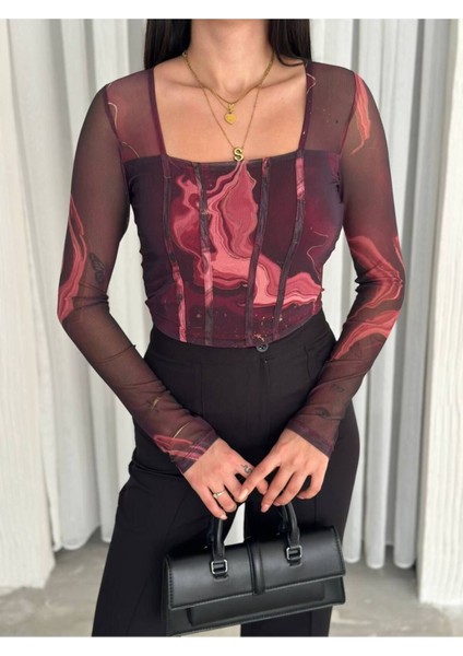 Kadın Kare Yaka Desenli Kolları ve Arkası Transparan Crop Tül Bluz N1701