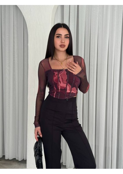 Kadın Kare Yaka Desenli Kolları ve Arkası Transparan Crop Tül Bluz N1701 fiyatları