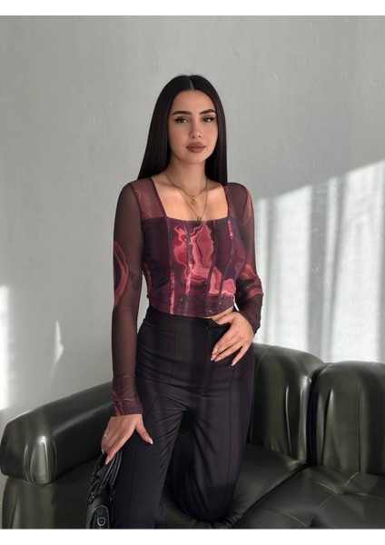 Kadın Kare Yaka Desenli Kolları ve Arkası Transparan Crop Tül Bluz N1701 modelleri