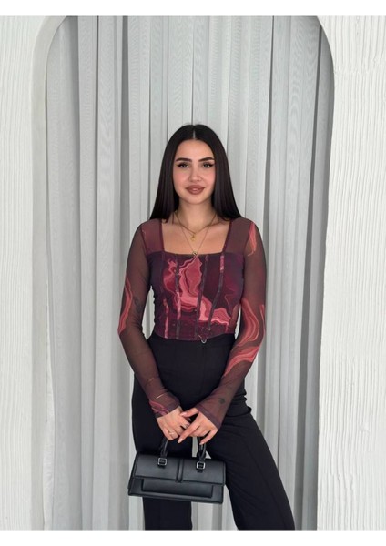 Kadın Kare Yaka Desenli Kolları ve Arkası Transparan Crop Tül Bluz N1701 fırsatları