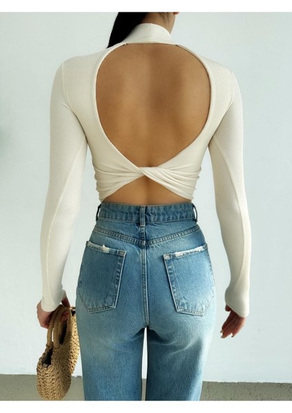Kadın Dik Yaka Uzun Kollu Sırt Dekolteli Kaşkorse Crop Bluz BLZ5031