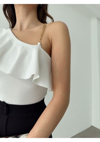 Kadın Tek Omuz Volanlı Zincir Askılı Kaşkorse Crop Bluz RD7000 modelleri
