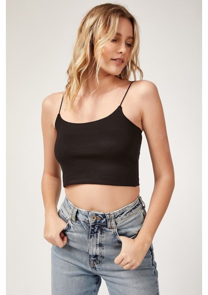 Kadın Siyah Ip Askılı Crop Bluz