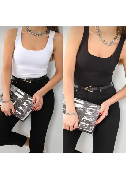 Kadın Kalın Askılı Önü Çift Kat Kare Yaka Düz Basic 2'li Penye Bluz BLZ9922