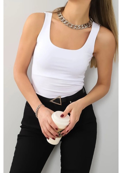 Kadın Kalın Askılı Önü Çift Kat Kare Yaka Düz Basic 2'li Penye Bluz BLZ9922