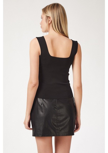 Kadın Siyah Kare Yaka Triko Crop Bluz modelleri