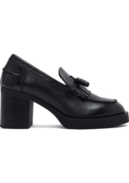 Kadın Siyah Kalın Topuklu Deri Maskülen Loafer 25AFD510618