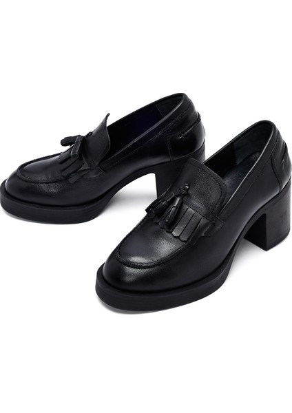 Kadın Siyah Kalın Topuklu Deri Maskülen Loafer 25AFD510618