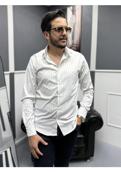 Lacivert Ince Çizgili %100 Pamuk Saten Non-Iron Modern Fit Gömlek fiyatları