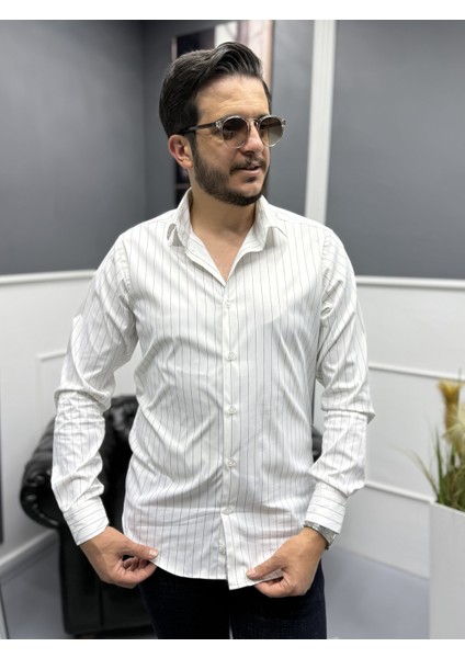 Lacivert Ince Çizgili %100 Pamuk Saten Non-Iron Modern Fit Gömlek