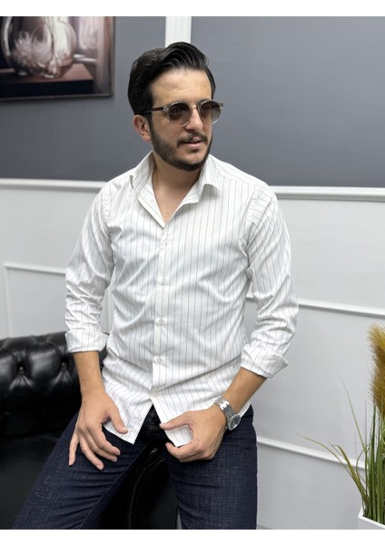 Lacivert Ince Çizgili %100 Pamuk Saten Non-Iron Modern Fit Gömlek
