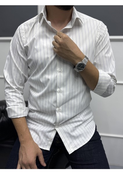 Lacivert Ince Çizgili %100 Pamuk Saten Non-Iron Modern Fit Gömlek