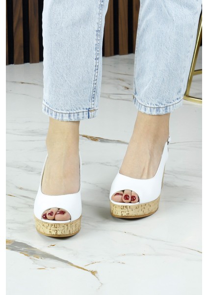 Heather Beyaz Hakiki Dana Derisi Mantar Taban Görünümlü Dolgu Topuklu Slingback Sandalet modelleri