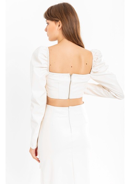 Deri Kumaş Straplez Kalp Yaka Fermuar Detaylı Kadın Crop-Ekru fiyatları