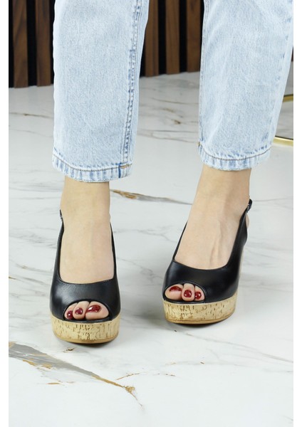 Heather Siyah Hakiki Dana Derisi Mantar Taban Görünümlü Dolgu Topuklu Slingback Sandalet modelleri