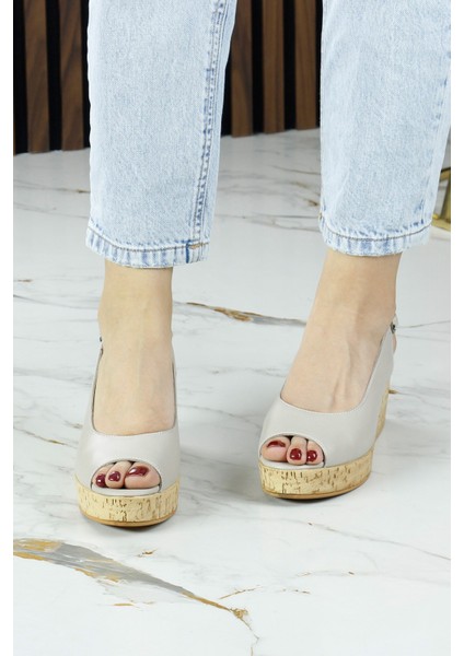 Heather Vizon Hakiki Dana Derisi Mantar Taban Görünümlü Dolgu Topuklu Slingback Sandalet modelleri