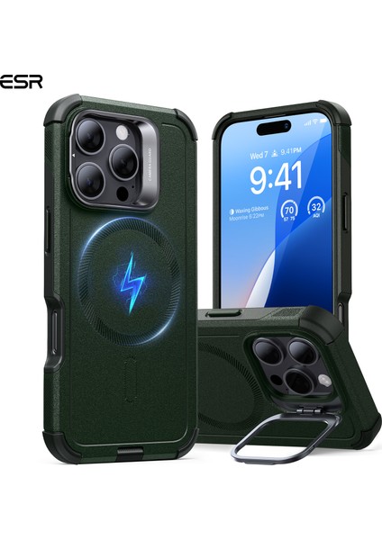 iPhone 16 Pro Cyber Tough Halolock Magsafe Stantlı Silikon Kılıf Yeşil