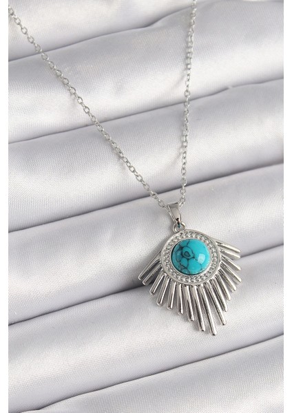 Bfs 316L Çelik Gümüş Renk Zincir Mavi Boncuklu Zirkon Taşlı Kadın Kolye