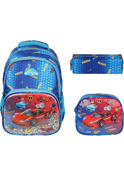 Kabartmalı Araba Figürlü Pullu 3'Lü İlkokul Çantası Beslenme Kalemlik Seti 1370