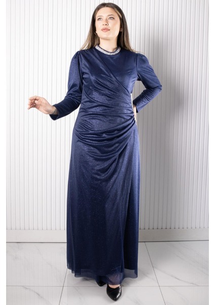 Taş Baskılı Simli Tül Abiye Elbise Lacivert FHM956