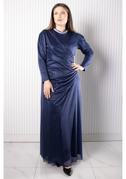 Taş Baskılı Simli Tül Abiye Elbise Lacivert FHM956 modelleri