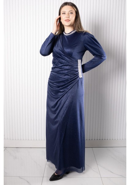 Taş Baskılı Simli Tül Abiye Elbise Lacivert FHM956 fırsatları