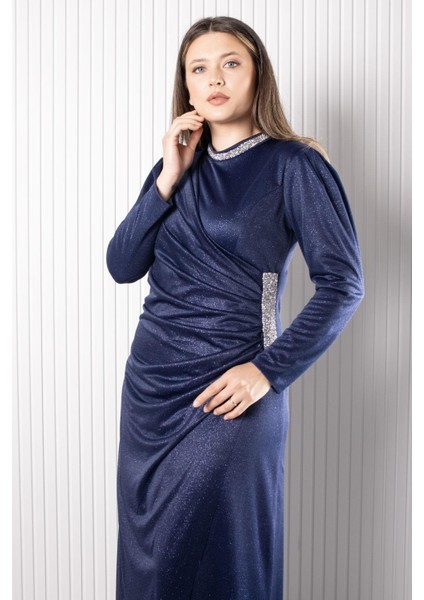 Taş Baskılı Simli Tül Abiye Elbise Lacivert FHM956 indirimleri