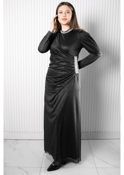 Taş Baskılı Simli Tül Abiye Elbise Siyah FHM956 modelleri