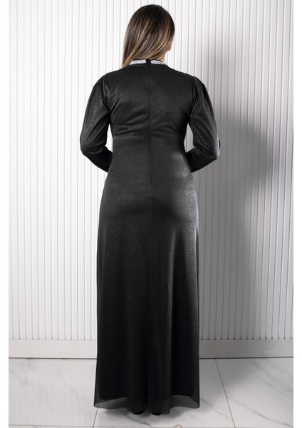 Taş Baskılı Simli Tül Abiye Elbise Siyah FHM956 indirimleri