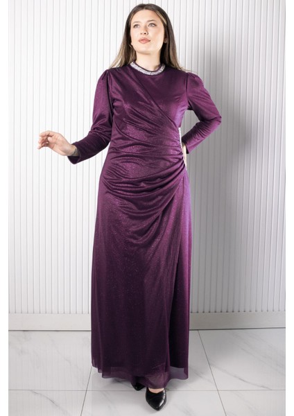 Taş Baskılı Simli Tül Abiye Elbise Mürdüm FHM956