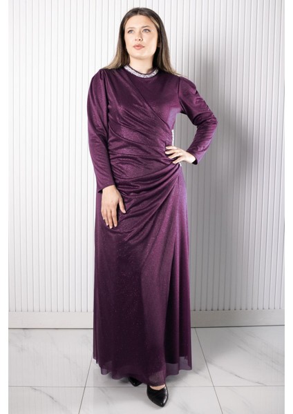 Taş Baskılı Simli Tül Abiye Elbise Mürdüm FHM956 fiyatları