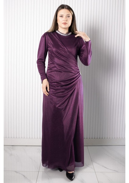 Taş Baskılı Simli Tül Abiye Elbise Mürdüm FHM956 modelleri