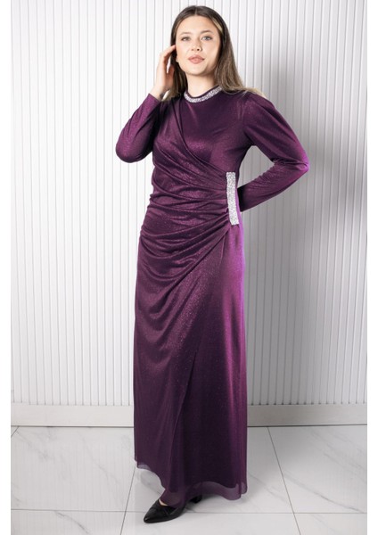 Taş Baskılı Simli Tül Abiye Elbise Mürdüm FHM956 fırsatları