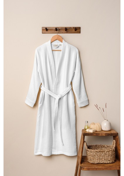 Unisex Kimono Müslin Bornoz Beyaz