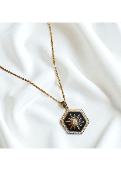 Çelik Siyah & Gold Mineli Zirkon Taşlı Kolye