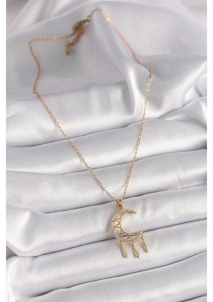 Bfs 316L Çelik Gold Renk Zincir Zirkon Taşlı Hilal Model Sallantı Yaprak Detay Kadın Kolye fiyatları