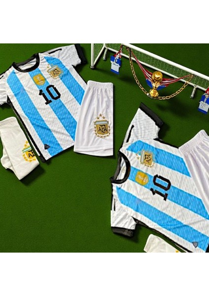 Çocuk Beyaz Şortlu Messi Arjantin Mavi Halı Saha Forma Tişört Armalı Çorap 3'lü modelleri