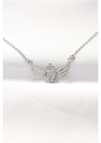 Bfs 316L Çelik Silver Renk Zirkon Taşlı Kalpli Kanat Kolye